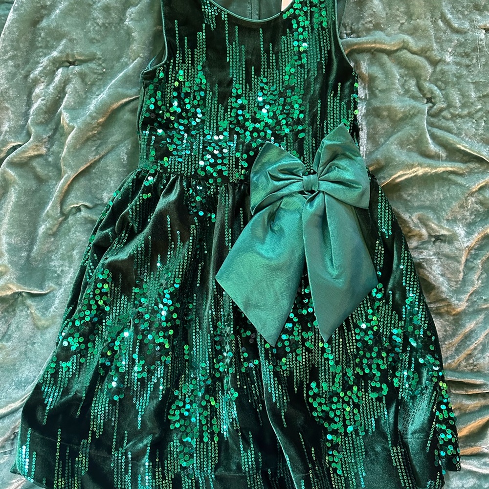 Rare Editions Girl Kids Gorgeous Green Sequin Dress with Bow 6x Small Holiday